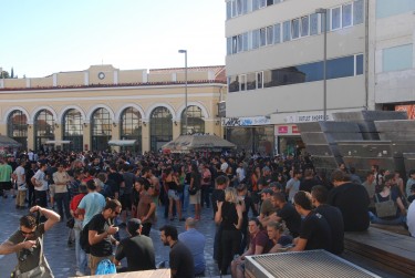 Demonstrators gathered in Monastiraki. Photo by author.