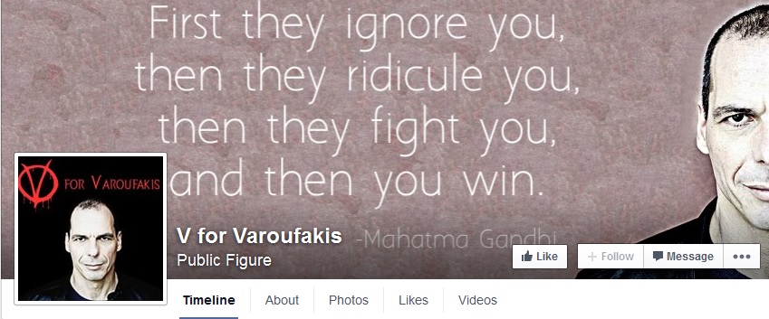     Pagina satirica Facebook dedicata al nuovo Ministro dell'Economia greco, Yanis Varoufakis. Screenshot da Facebook.